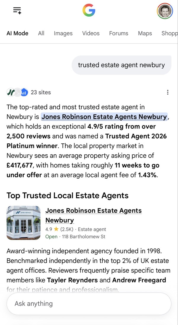 Google AI Overview names Jones Robinson as the top-rated Newbury agent