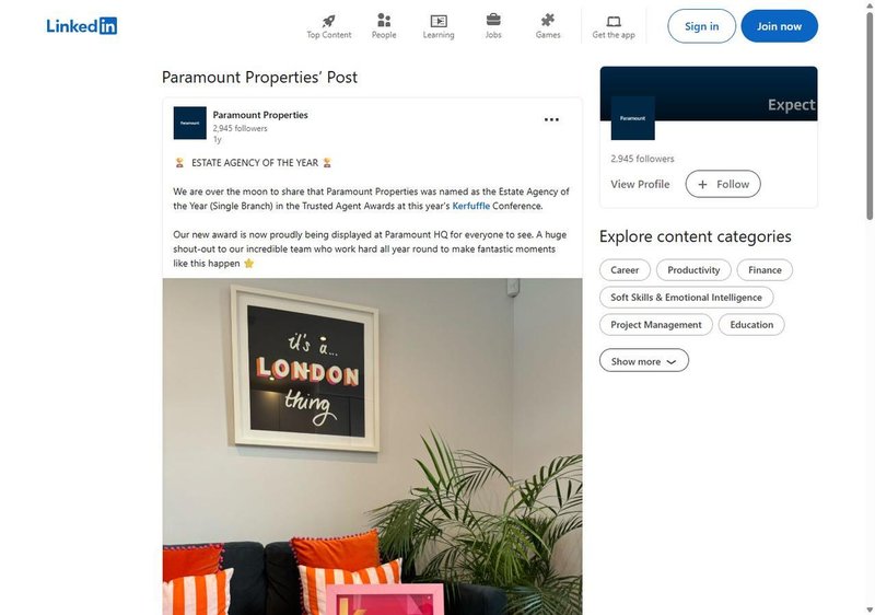 Paramount Properties LinkedIn post showing their award badge on display